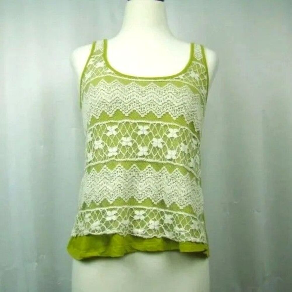 Eyelash Couture Women's Green Lace Overlay Tank Top Size M Cotton Blend Zipper
